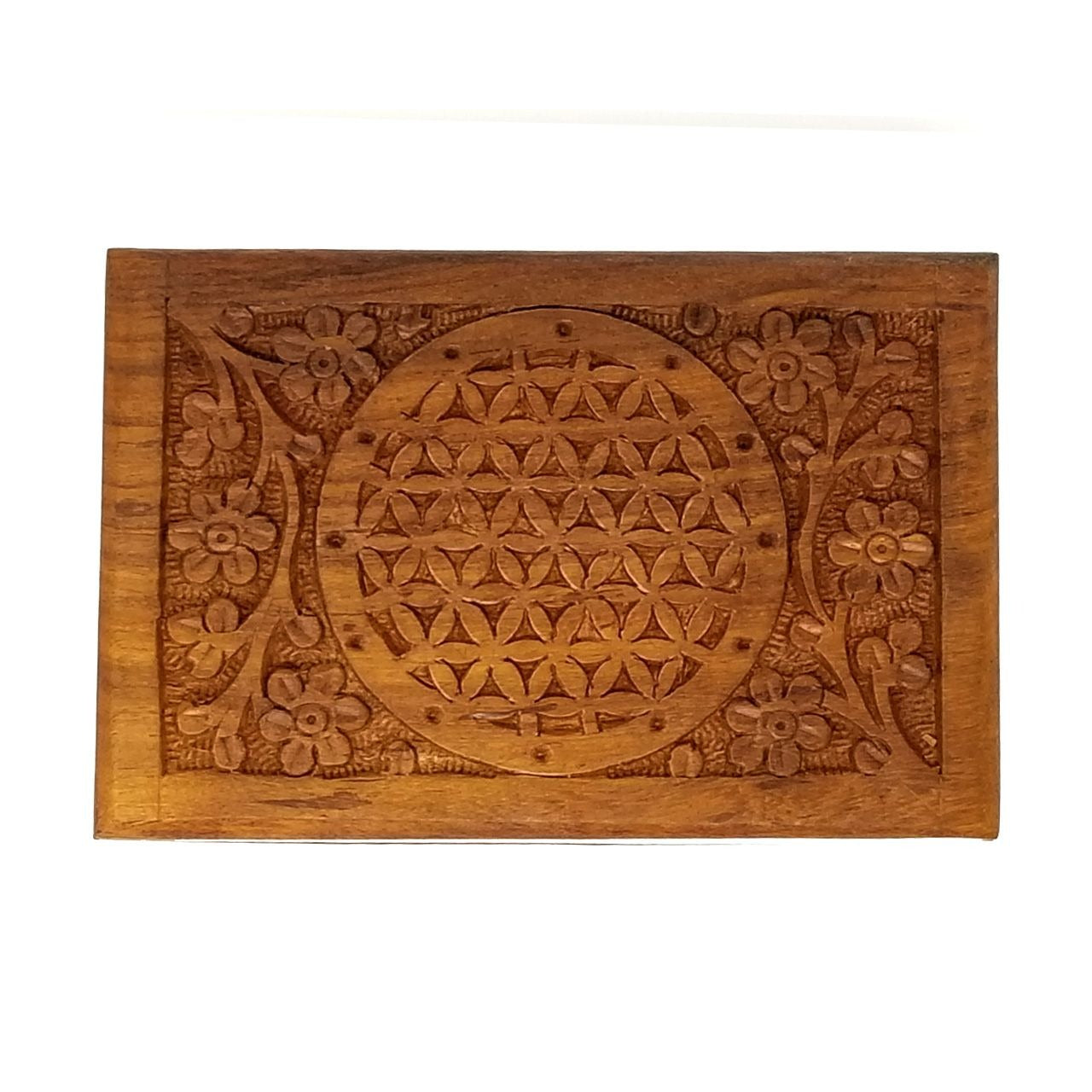 Hand Carved Wooden Keepsake Box Engraved Flower of Life