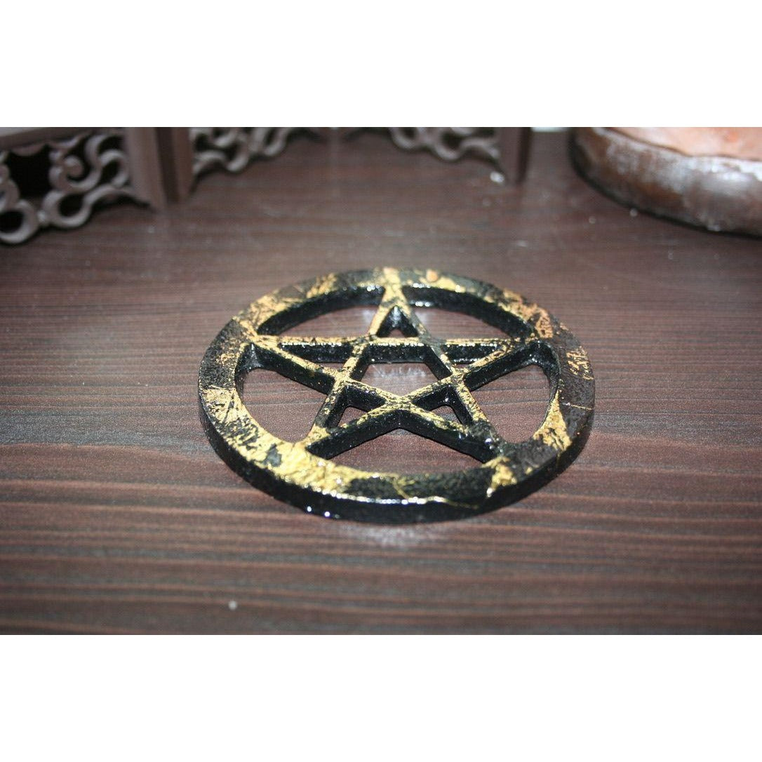 4" Pentagram Solid Brass Altar Tile Black with Gold