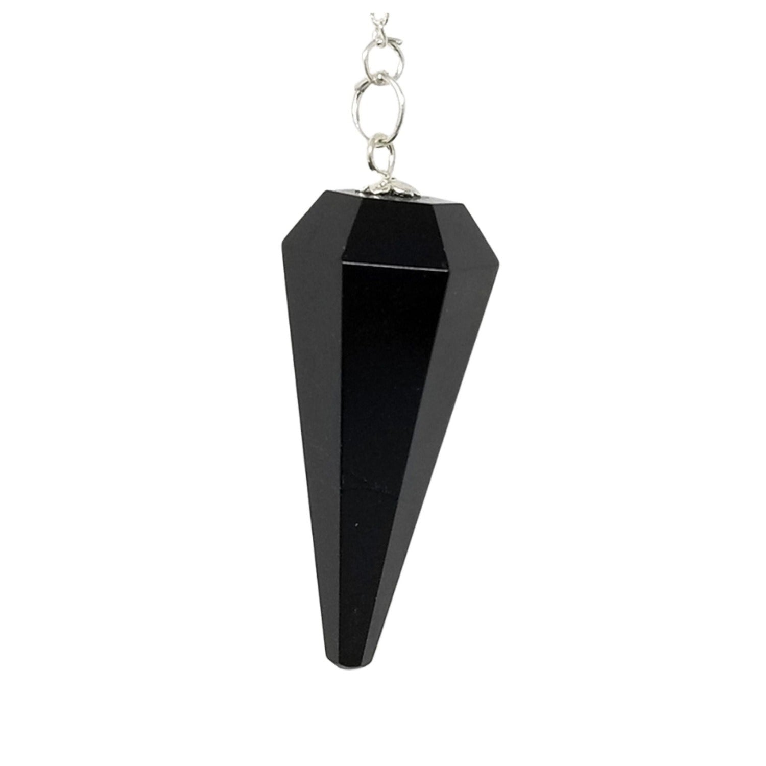 Black Tourmaline Pendulum with Chain, Faceted Natural Crystal Stone
