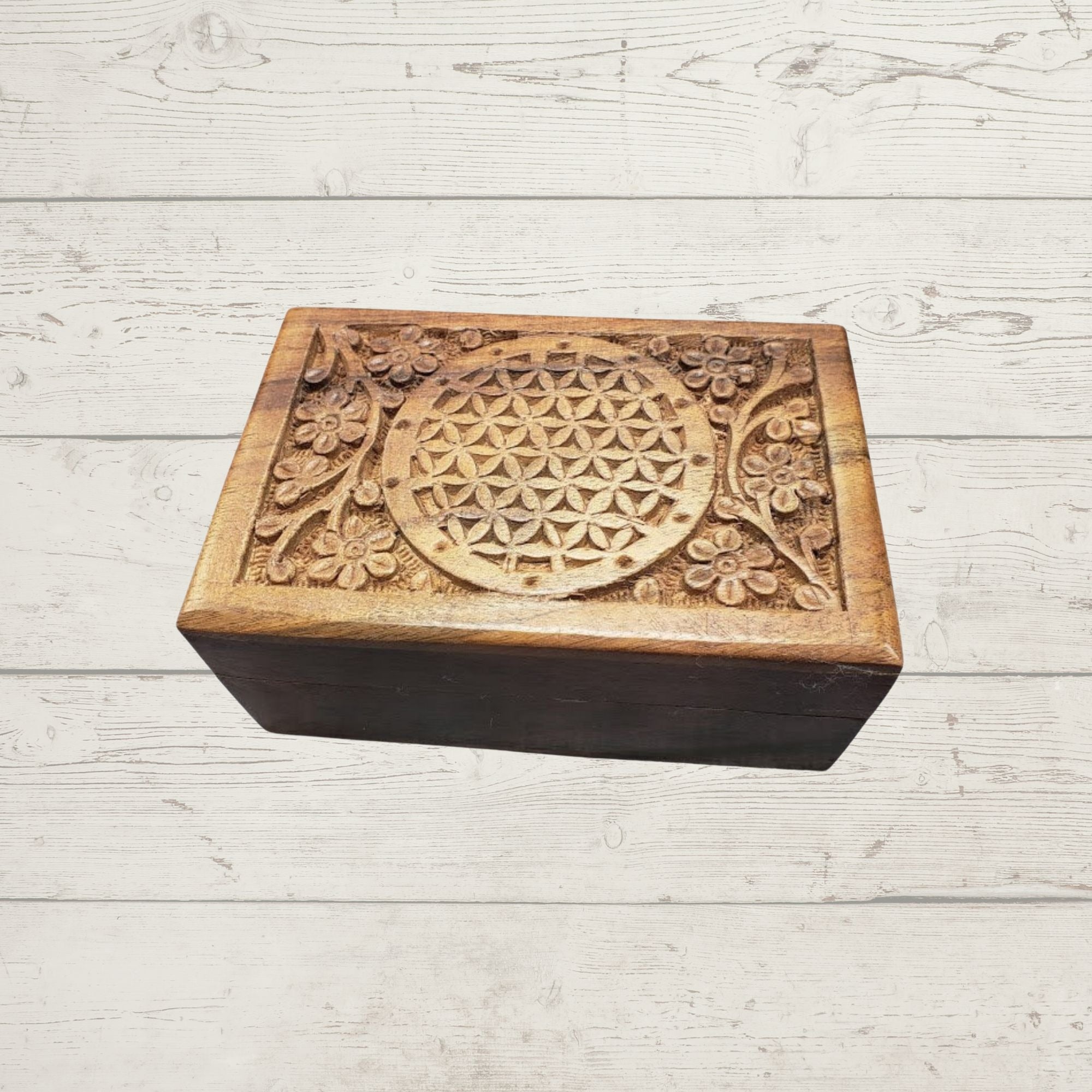 Hand Carved Wooden Keepsake Box Engraved Flower of Life