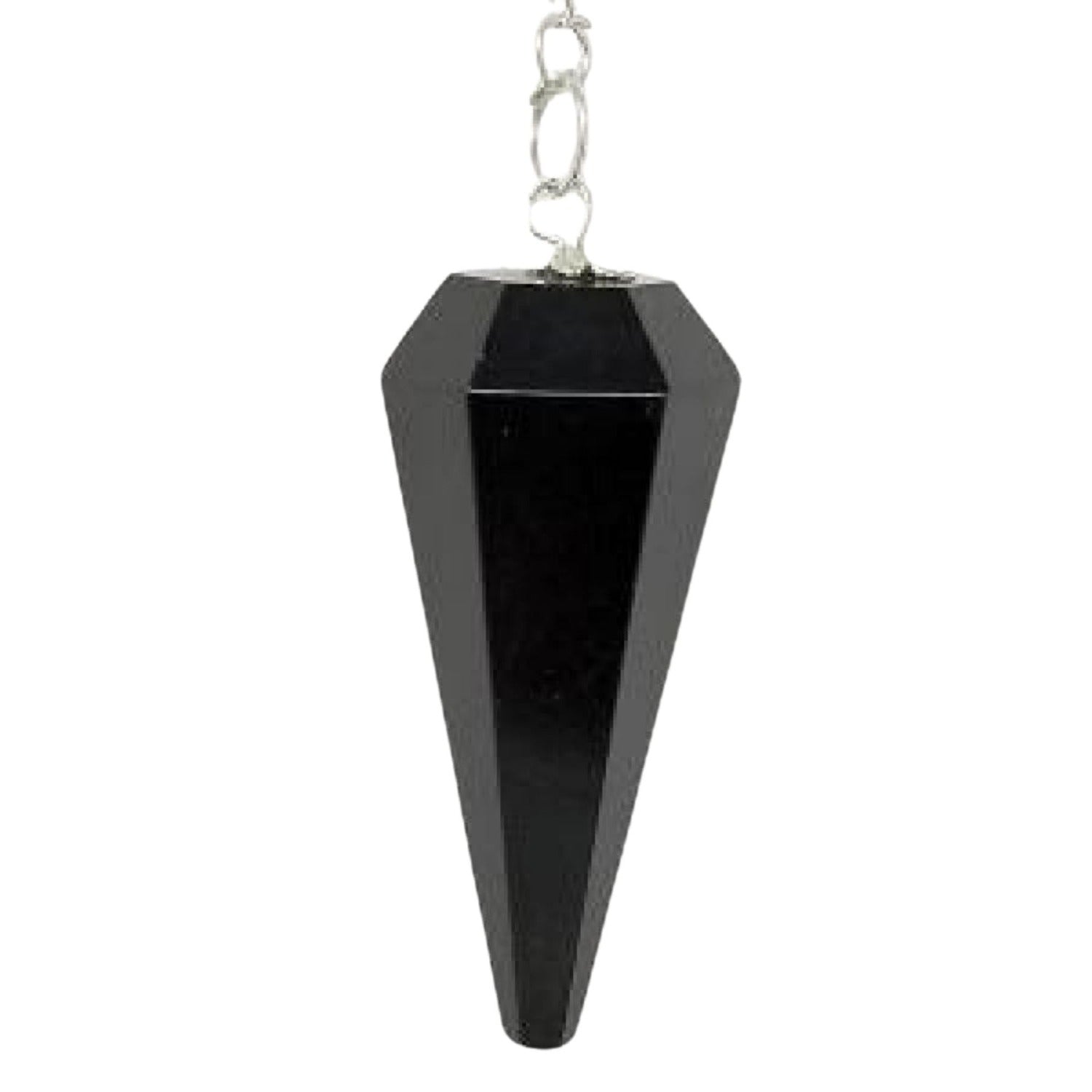 Black Tourmaline Pendulum with Chain, Faceted Natural Crystal Stone