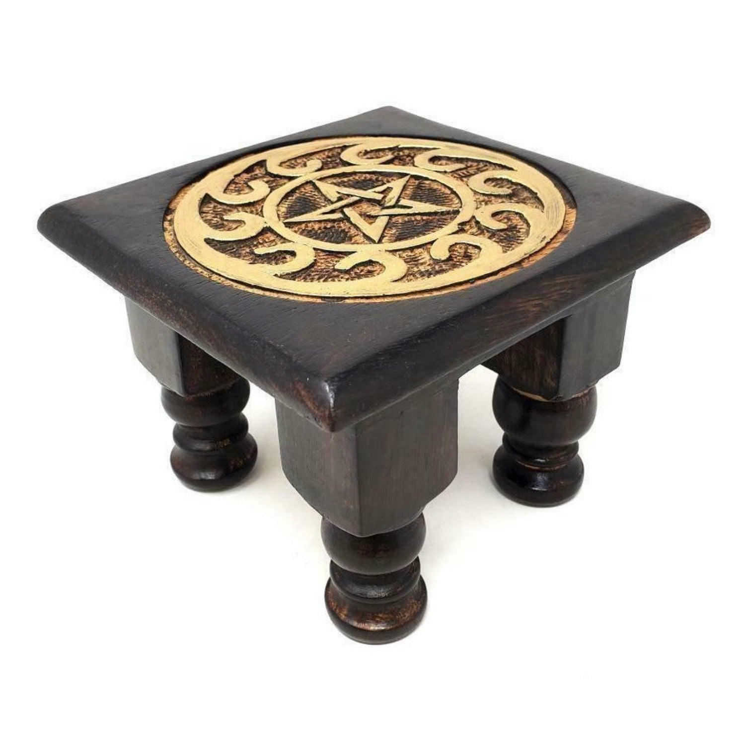 Carved Wooden Pentagram Altar Table Painted Black with Gold Design 6 Inches Wide 4 Inches Tall