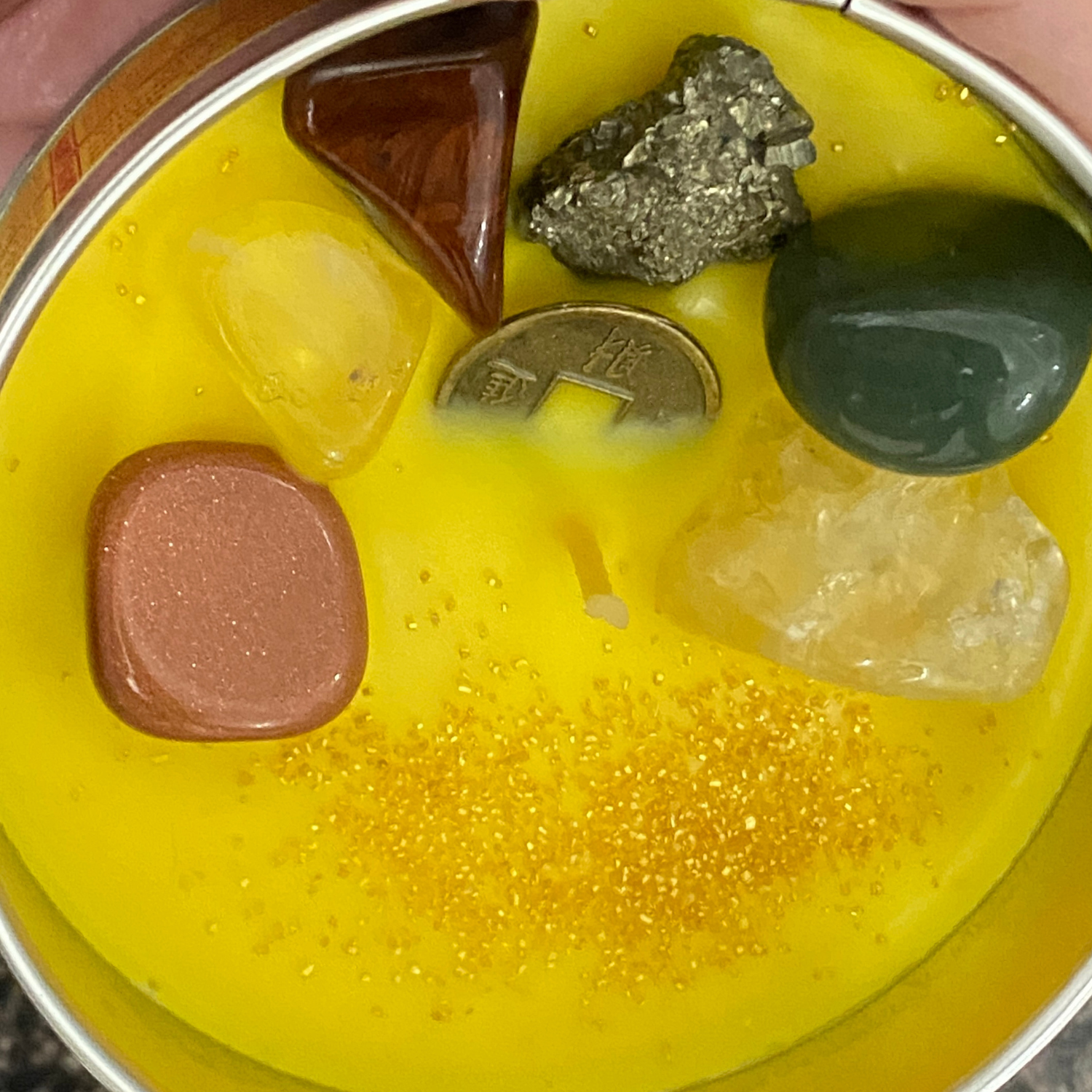 Nag Champa Candle in a Tin With Money Attraction Kit Crystals for Prosperity
