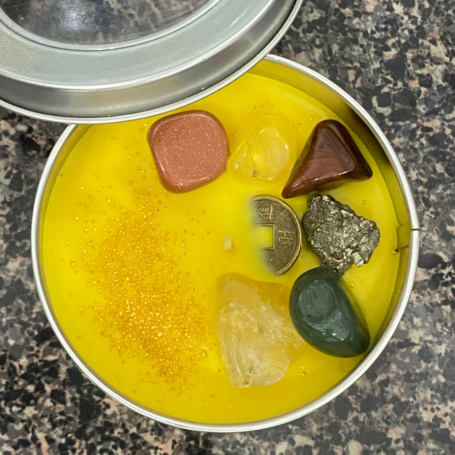 Nag Champa Candle in a Tin With Money Attraction Kit Crystals for Prosperity