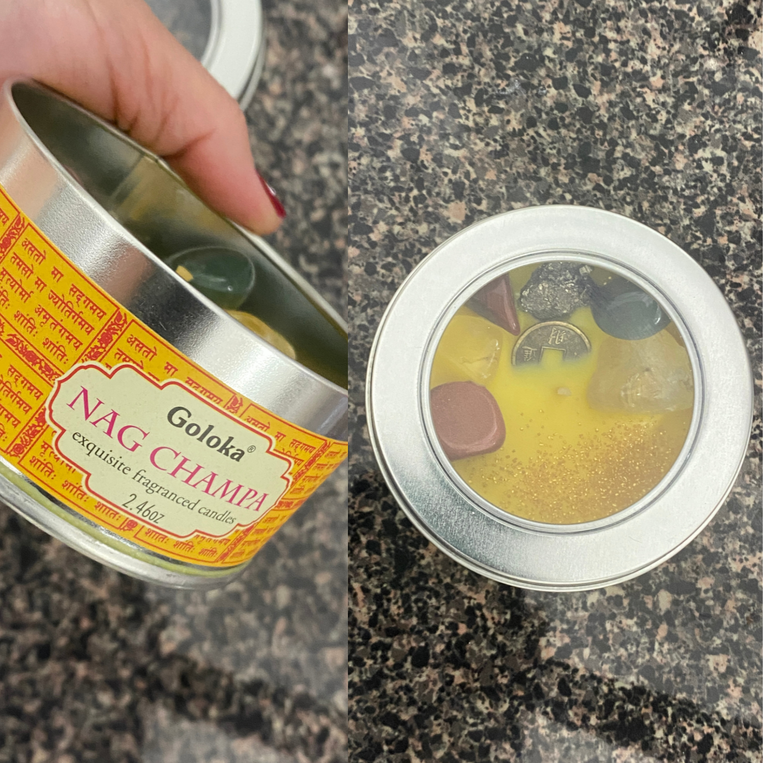 Nag Champa Candle in a Tin With Money Attraction Kit Crystals for Prosperity