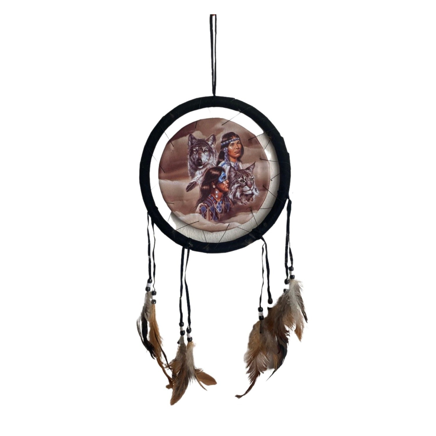 Small Dream Catcher with Feathers, Protective Wolf Design 8.5"