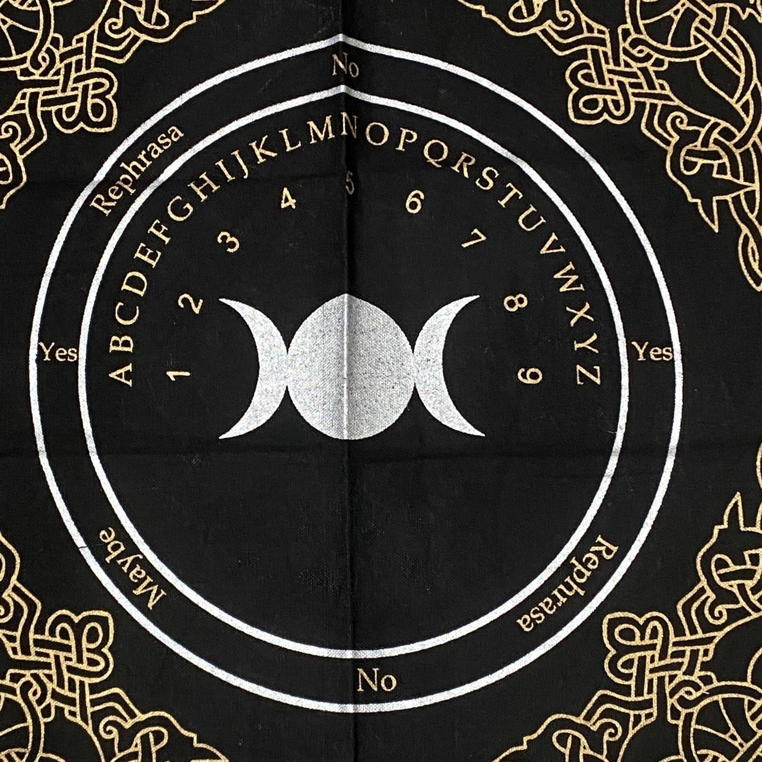 Triple Moon Altar Cloth/ Ouija Board Silver & gold Print on Black