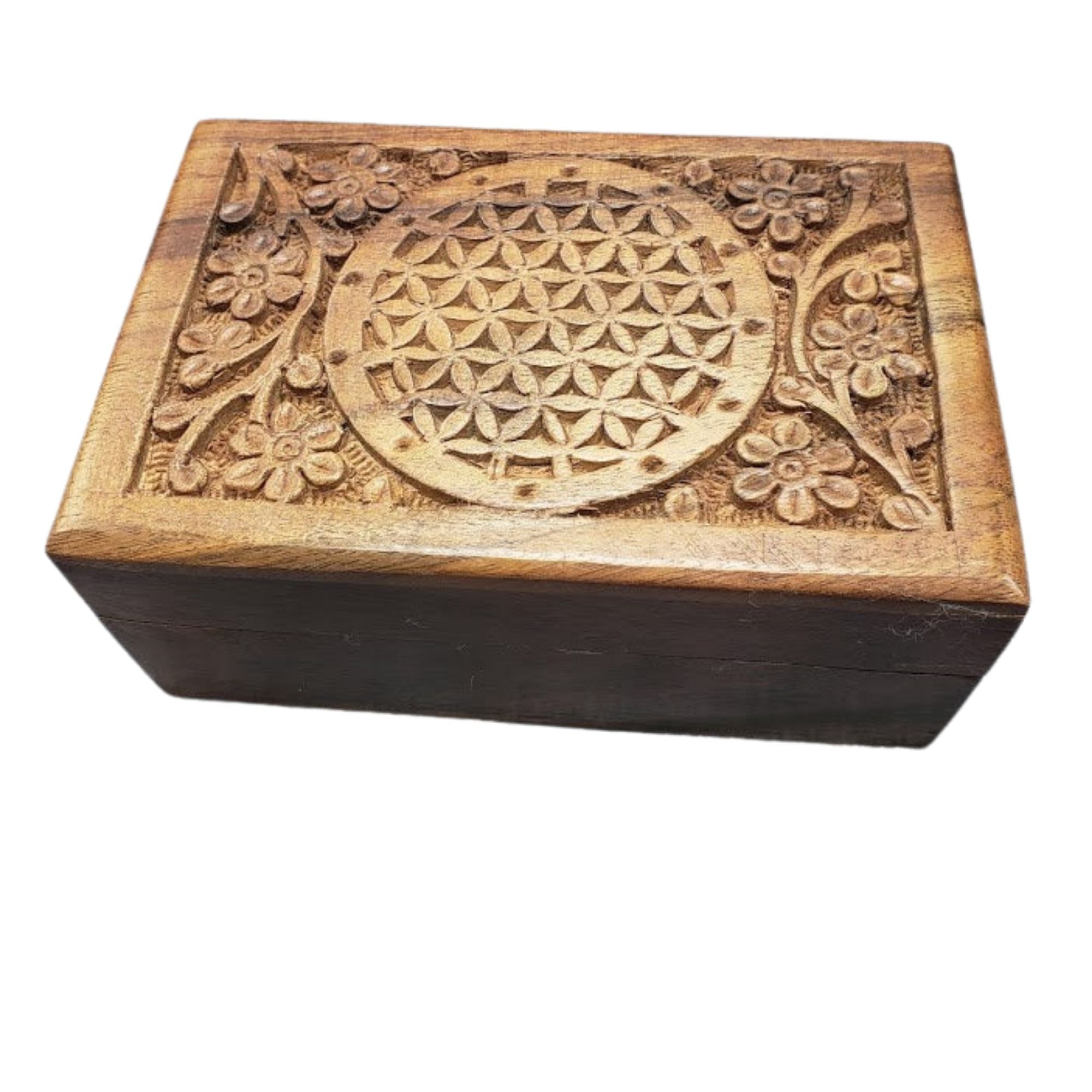 Hand Carved Wooden Keepsake Box Engraved Flower of Life