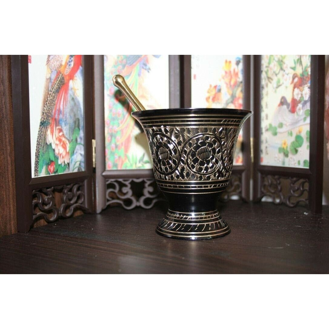 Black Carved Mortar Pestle