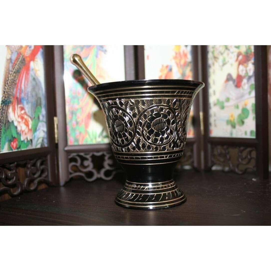 Black Carved Mortar Pestle
