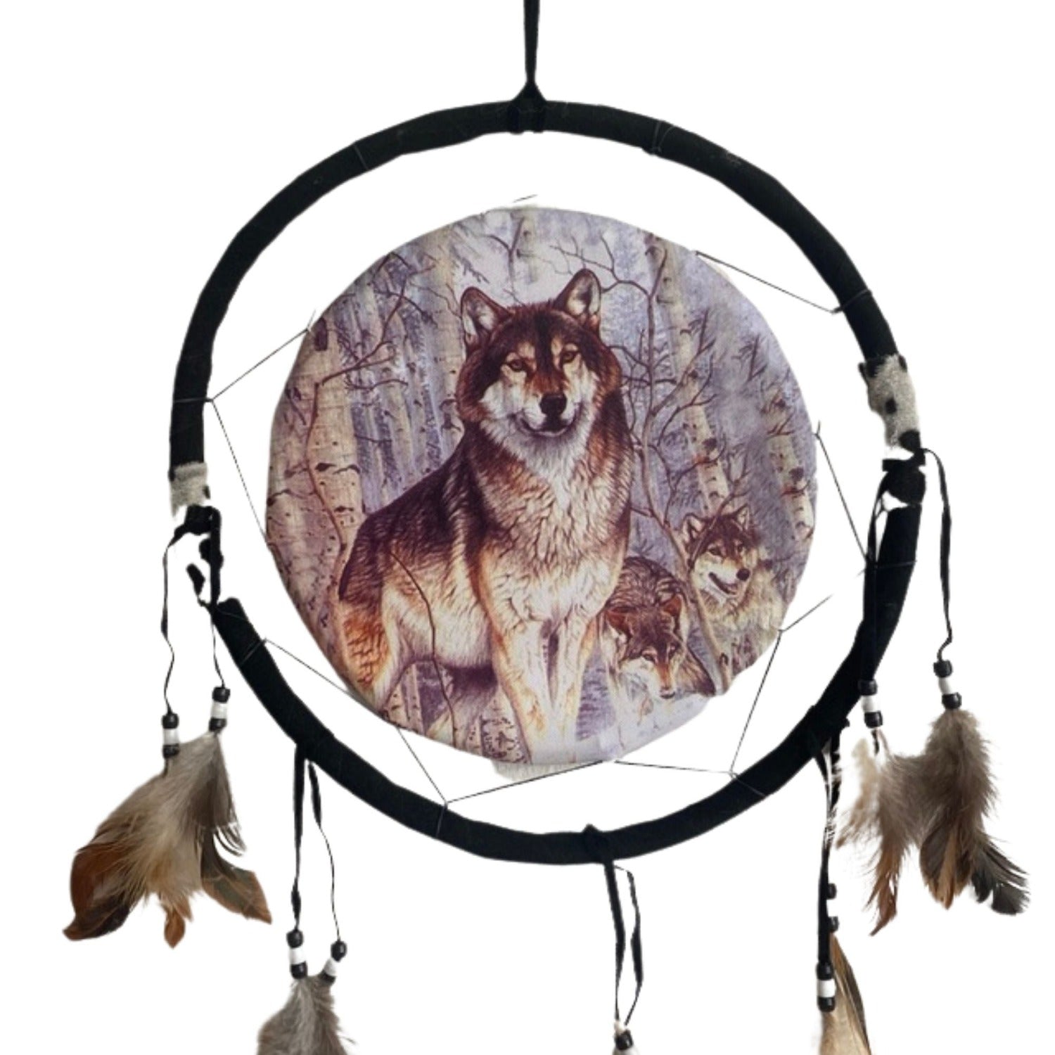 Medium Dream Catcher with Feathers, Protective Wolf Design 12"