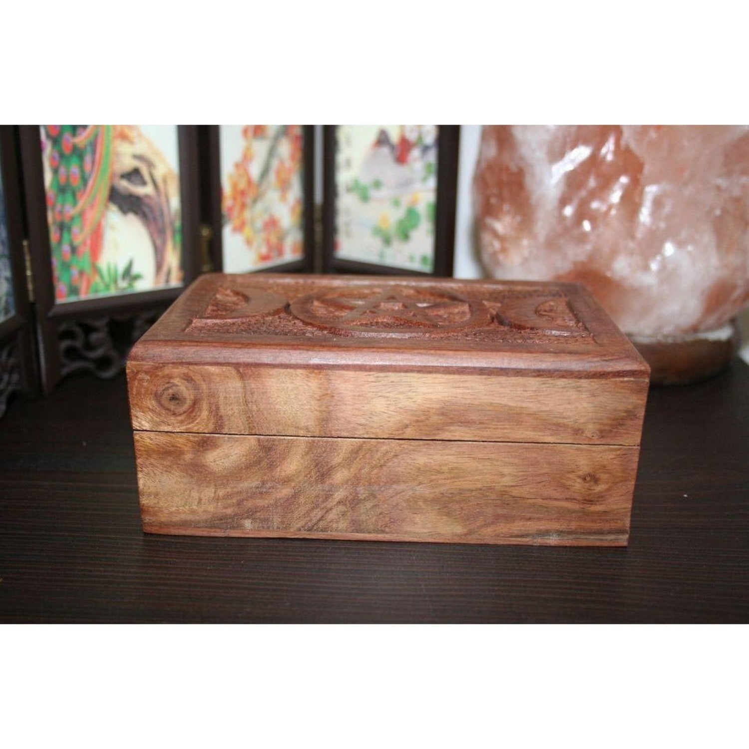 Triple MoonPentagram Carved Wooden Box 4x6"