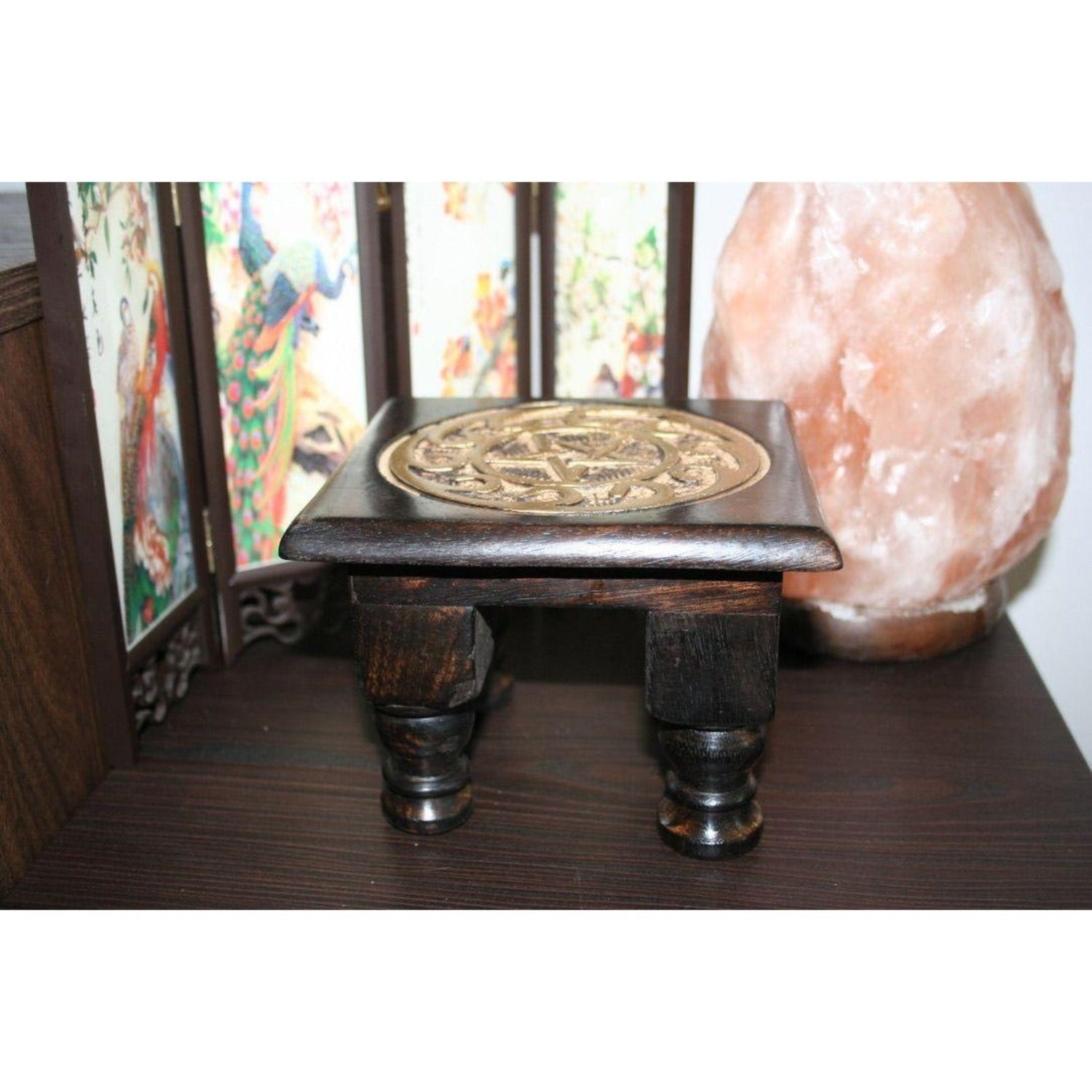 Carved Wooden Pentagram Altar Table Painted Black with Gold Design 6 Inches Wide 4 Inches Tall