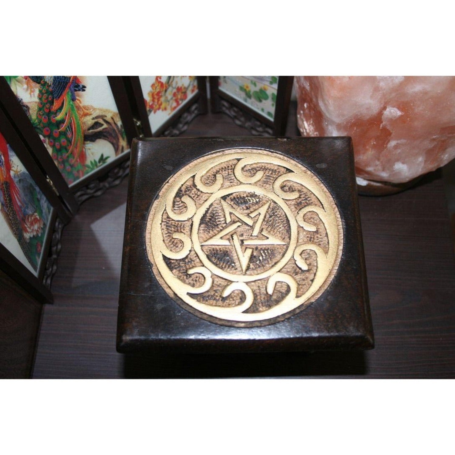 Carved Wooden Pentagram Altar Table Painted Black with Gold Design 6 Inches Wide 4 Inches Tall