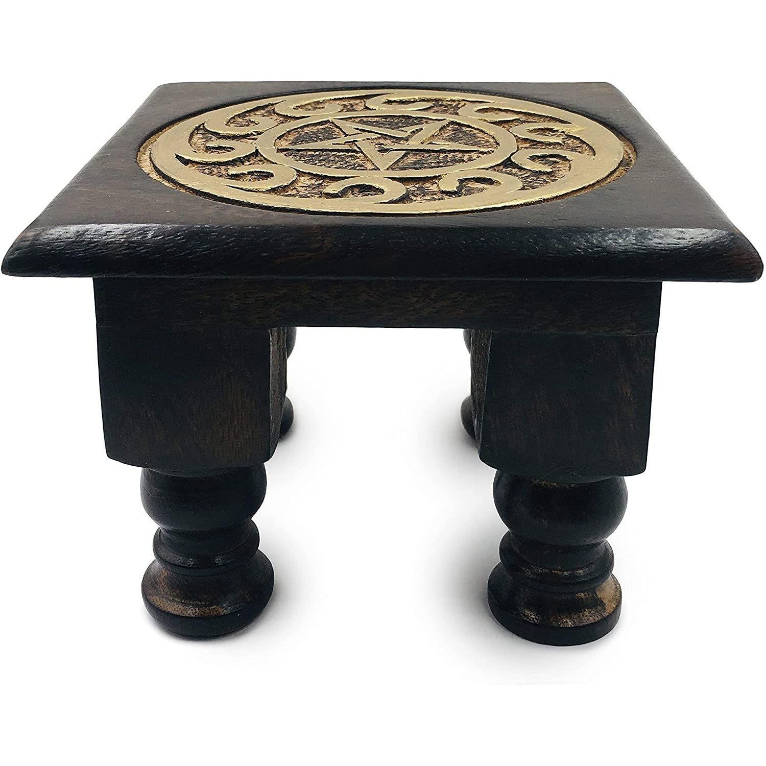 Carved Wooden Pentagram Altar Table Painted Black with Gold Design 6 Inches Wide 4 Inches Tall