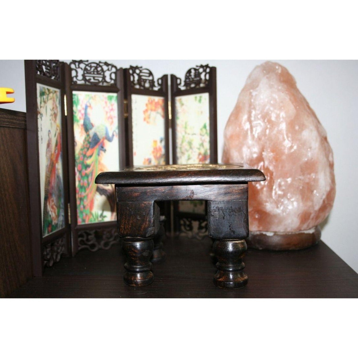 Carved Wooden Pentagram Altar Table Painted Black with Gold Design 6 Inches Wide 4 Inches Tall