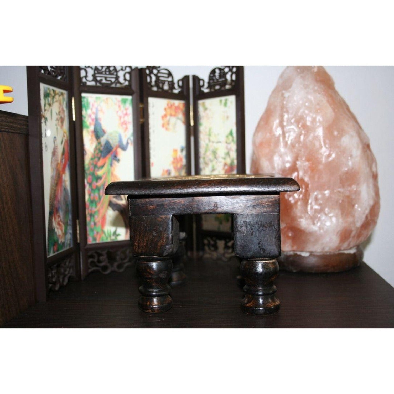 Carved Wooden Pentagram Altar Table Painted Black with Gold Design 6 Inches Wide 4 Inches Tall